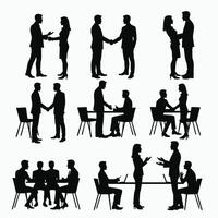 Silhouettes of diverse business interactions showcasing meetings, handshakes, and discussions in a professional setting. vector
