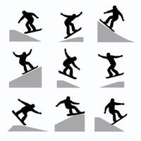 Silhouettes of snowboarders performing tricks on slopes, showcasing dynamic movements and stunts. vector