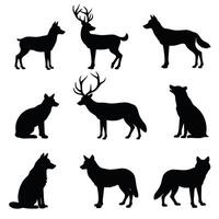 Silhouettes of various wildlife animals, including deer and wolves, set against a white background, showcasing elegant and natural forms. vector