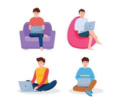 Handsome man using laptop for working and learning in cartoon character, vector