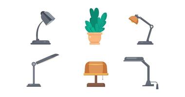 Different kind and size of electric lamp, cactus pot in cartoon character,furniture element for working, vector