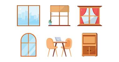 Different design of window,chair with table,cupboard.Furniture element in cartoon, vector