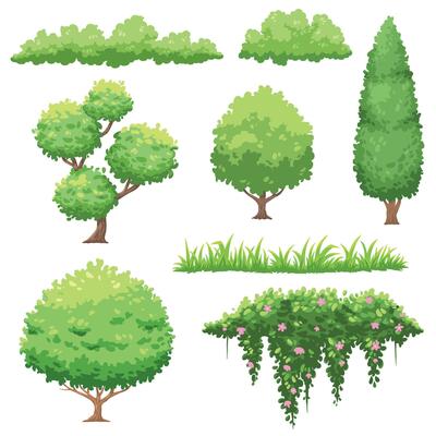 Tree shrub. Green grass. Bush flat illustration.