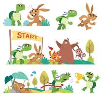 Cartoon the hare and the tortoise character set. Turtle and rabbit racing. Fairy fable tale characters. vector
