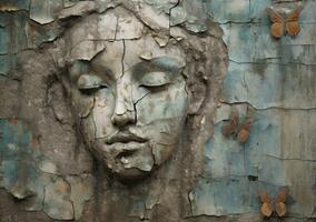 A serene angel's face is etched on a weathered wall photo