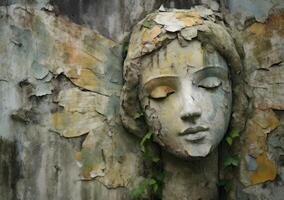A serene angel's face is etched on a weathered wall photo