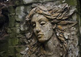 A serene angel's face is etched on a weathered wall photo