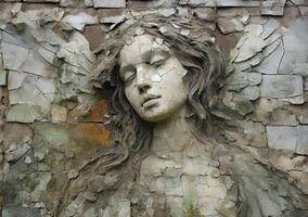 A serene angel's face is etched on a weathered wall photo