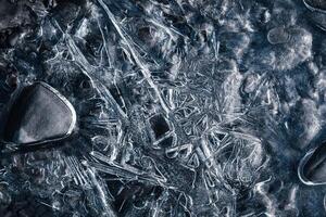 Nature background. Closeup image of ice patterns on the surface of frozen water photo