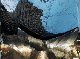 A broken mirror with a reflection of a cat photo
