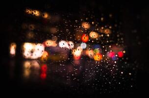 Rainy night with blurred lights on the street photo