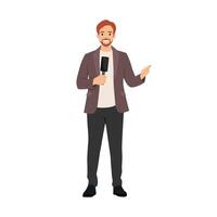 Journalist interviewer with microphone in hands. vector