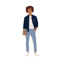 Man in business casual in standing pose with laptop in his hand. vector