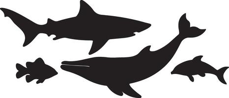 A single line art illustration of a silhouette of a shark, a whale, a dolphin, and a goldfish swimming in the same direction vector