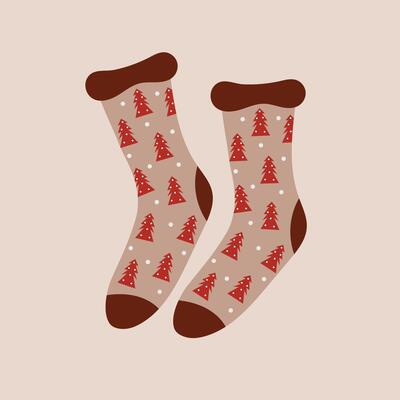 Christmas pair of socks with Christmas tree pattern. Flat illustration