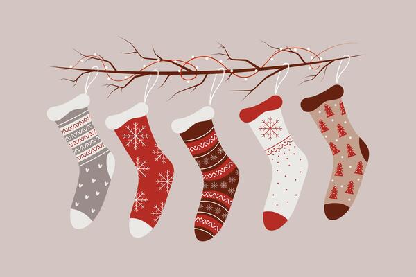 Set of Christmas socks on a branch with a garland. Flat illustration