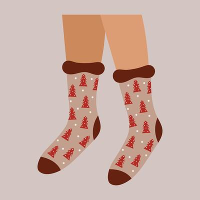 Christmas pair of socks with Christmas tree pattern on feet. Flat illustration