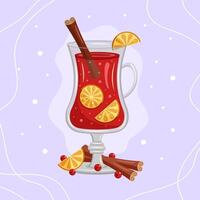 Mulled wine Christmas hot drink with cinnamon and orange slices. illustration vector