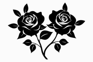 Clean Black and White Silhouette of Blooming Roses with Intricate Leaves and Thorns in Classic Floral Composition vector