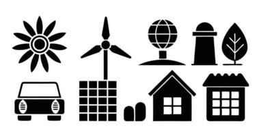Various icons of buildings, trees and wind turbines vector