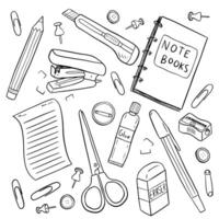 Collection of hand drawn school and stationery supplies, including scissors, glue, a notebook, pencil, stapler, eraser, sharpener, and paper clips. Perfect for educational or organizational projects. vector