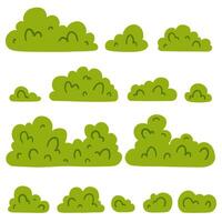 A set of green bushes in various shapes and sizes. Ideal for use in design projects such as landscape illustrations, nature-themed materials, or background elements. Bushes collection. vector