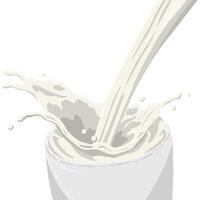 A milk being poured into a white cup, creating an energetic splash. Ideal for dairy related designs, highlighting purity, freshness, and nutritional value. Perfect for food or drink themes. vector