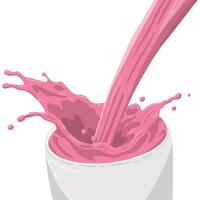 Illustration of a pink liquid being poured into a white cup, splashing with dynamic motion. Ideal for beverage or food-related concepts, emphasizing freshness and energy. Strawberry milk. vector