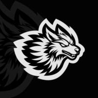 A black and white wolf head on a dark background vector