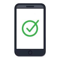A smartphone displaying a green checkmark symbol indicating successful completion of a task vector