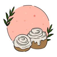 Delicious cinnamon rolls with creamy frosting on a pastel background with decorative leaves vector