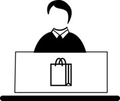 A person standing behind a counter with a shopping bag in a minimalist retail environment vector