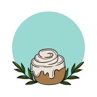 Delicious cinnamon roll topped with creamy frosting, highlighted against a soft blue background vector