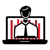Professional presenting data analysis on a laptop screen with red graph indicators vector