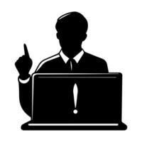 Silhouetted individual pointing at laptop screen with exclamation mark, expressing urgency vector