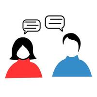 Two people engaging in a conversation with chat bubbles above their heads in a simple graphic style vector