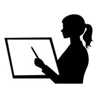 A silhouette of a woman holding a blank canvas while preparing to create art indoors vector