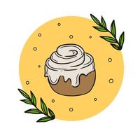 Delicious cinnamon roll with cream frosting surrounded by decorative leaves on a yellow background vector