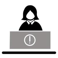A woman seated at a desk with a caution sign, indicating important messages at work vector