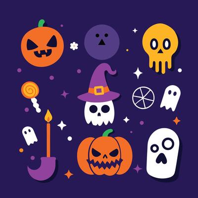 Halloween spooky sticker collection with haunted bats and witches