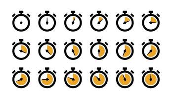 Timer icon set. Stopwatch countdown indicator template collection. Time watch illustration. Alarm clock symbol. Cooking timer sign. Express delivery pictogram. Sport chronometer. Speed measure. vector