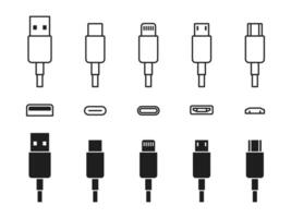 USB cable port icon set. USB type C, A, lightning and micro-usb mobile phone charger illustration collection. Plug adapter symbol. Electronic device connector. Smartphone charger sign. vector