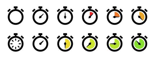 Timer and stopwatch countdown icon set. Cooking or sport clock symbol. Stop watch indicator illustration collection. Deadline time measurement sign. Express delivery pictogram. Speed measure concept vector