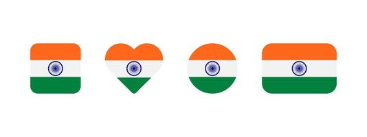 Indian flag icon. Flag of India sign. Indian national banner. Emblem of India. Multicolor New Delhi banner in four different shapes square, heart, circle and rectangle. Hindi symbol. vector
