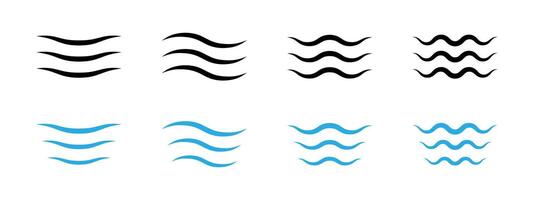 Sea wave icon set. Water surface ripple illustration. River flow sign. Liquid abstract symbol. Ocean tide curve pictogram. Fluid stream waves concept collection graphic outline design. vector
