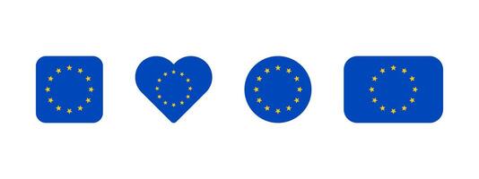 European Union flag icon. Flag of Europe sign. EU international banner. Blue emblem with yellow stars. Minimalistic simple European Union banner in four different shapes. vector