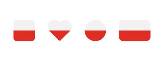Polish flag icon. Flag of Poland sign. Polish national banner. White and red Poland emblem. Minimalistic simple Warsaw banner in four different shapes square, heart, circle and rectangle. vector