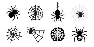 Spider and spider's web icon set. Hanging spider illustration. Poisonous arachnid with death skull silhouette. Insect net sign. Black horror symbol. Thread and web collection. Gothic concept. vector