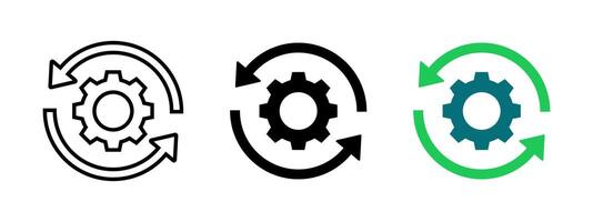 Sync settings button icon set. Update arrow symbol with gear. Reload button illustration. Reset settings button sign. Cogwheel rotation pictogram. Refresh web navigation concept. vector