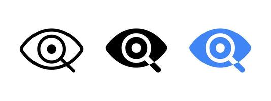 Preview icon. Search tool button. Discover more symbol. Eye and magnifying glass illustration. Eyesight concept. Ophthalmologist logo. Analytics or analysis icon. Enlarge or zoom button. vector